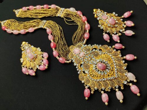 Rajwada kundan jewelry made with AD Stone Pink pearl